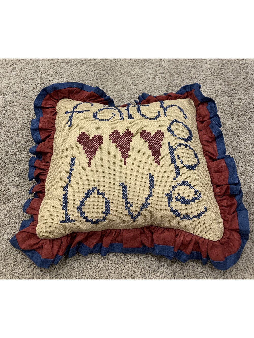Cross Stitched Completed Faith Hope Love Couch Pillow
